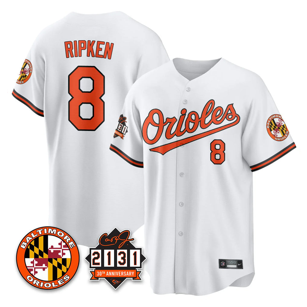 Johmsee B.Orioles #8 Cal Ripken Player White 30th Anniversary of 2131 Home Game Stitched Jerseys