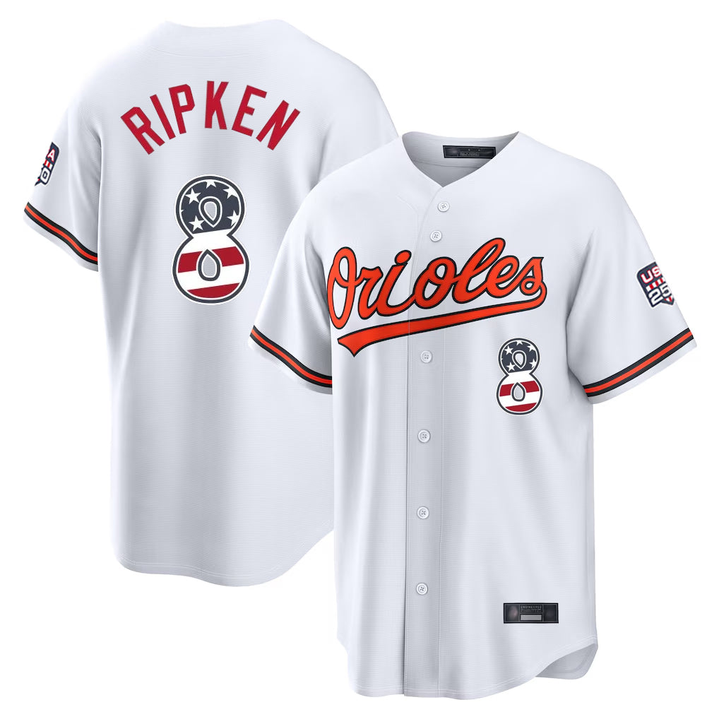 Johmsee B.Orioles #8 Cal Ripken Player White USA 250 Fourth of July Home Game Stitched Jerseys
