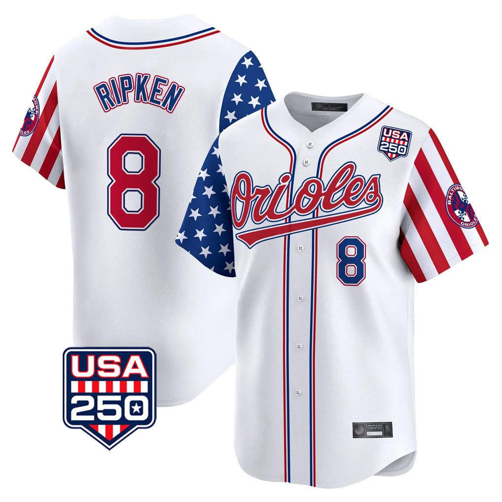 Johmsee B.Orioles #8 Cal Ripken Player White USA 250 Independence Day Vapor Premier Home Game Stitched Jerseys