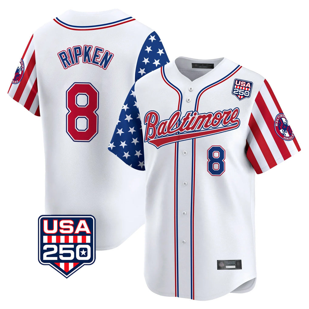 Johmsee B.Orioles #8 Cal Ripken Player White USA 250 Independence Day Vapor Premier Limited Home Game Stitched Jerseys