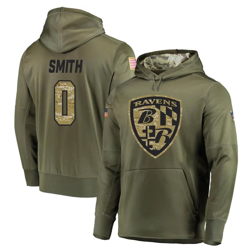 Johmsee B.Ravens #0 Roquan Smith Player Olive Salute to Service Pullover Hoodie Stitched Jerseys
