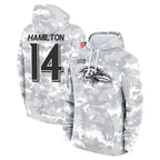 Johmsee B.Ravens #14 Kyle Hamilton Player Arctic Camo Salute to Service Pullover Hoodie Stitched Jerseys