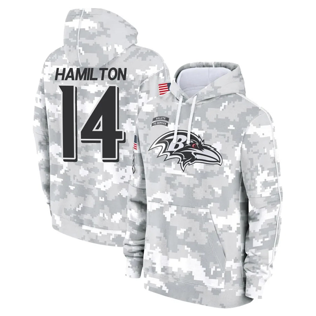 Johmsee B.Ravens #14 Kyle Hamilton Player Arctic Camo Salute to Service Pullover Hoodie Stitched Jerseys