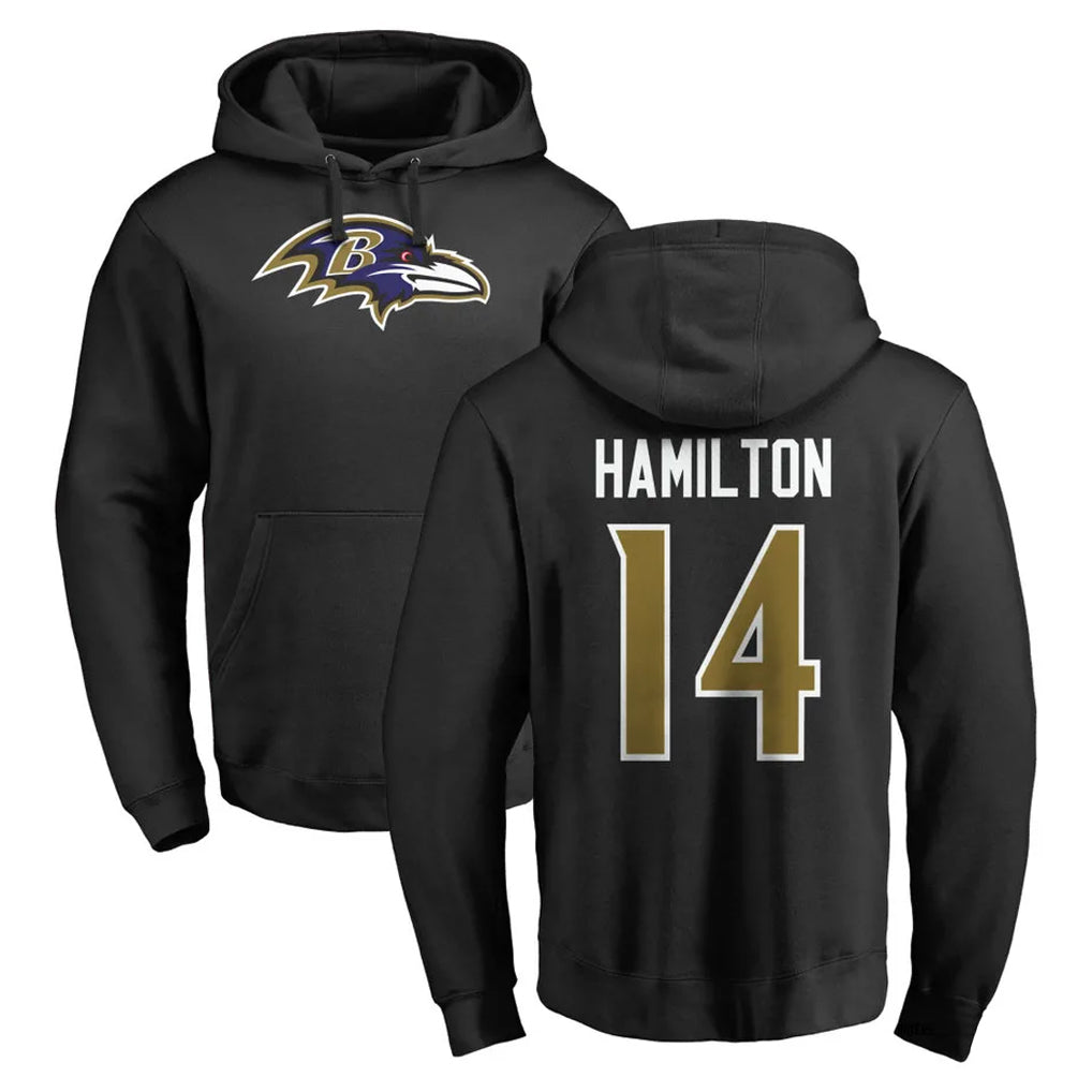 Johmsee B.Ravens #14 Kyle Hamilton Player Black Pullover Hoodie Stitched Jerseys