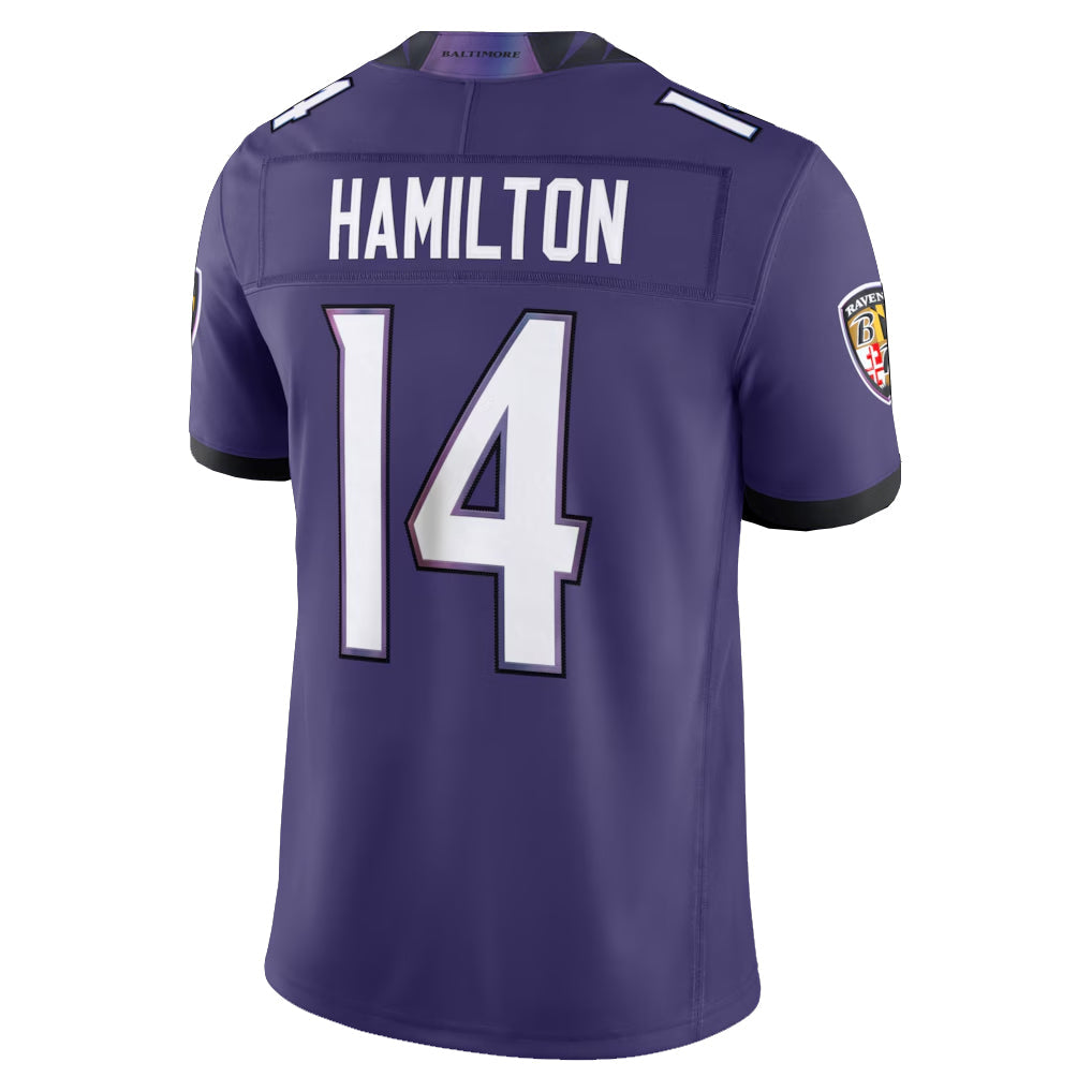 Johmsee B.Ravens #14 Kyle Hamilton Player Purple Limited Elite Home Game Stitched Jerseys