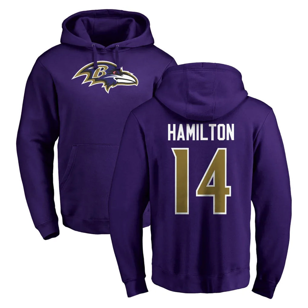 Johmsee B.Ravens #14 Kyle Hamilton Player Purple Salute to Service Pullover Hoodie Stitched Jerseys
