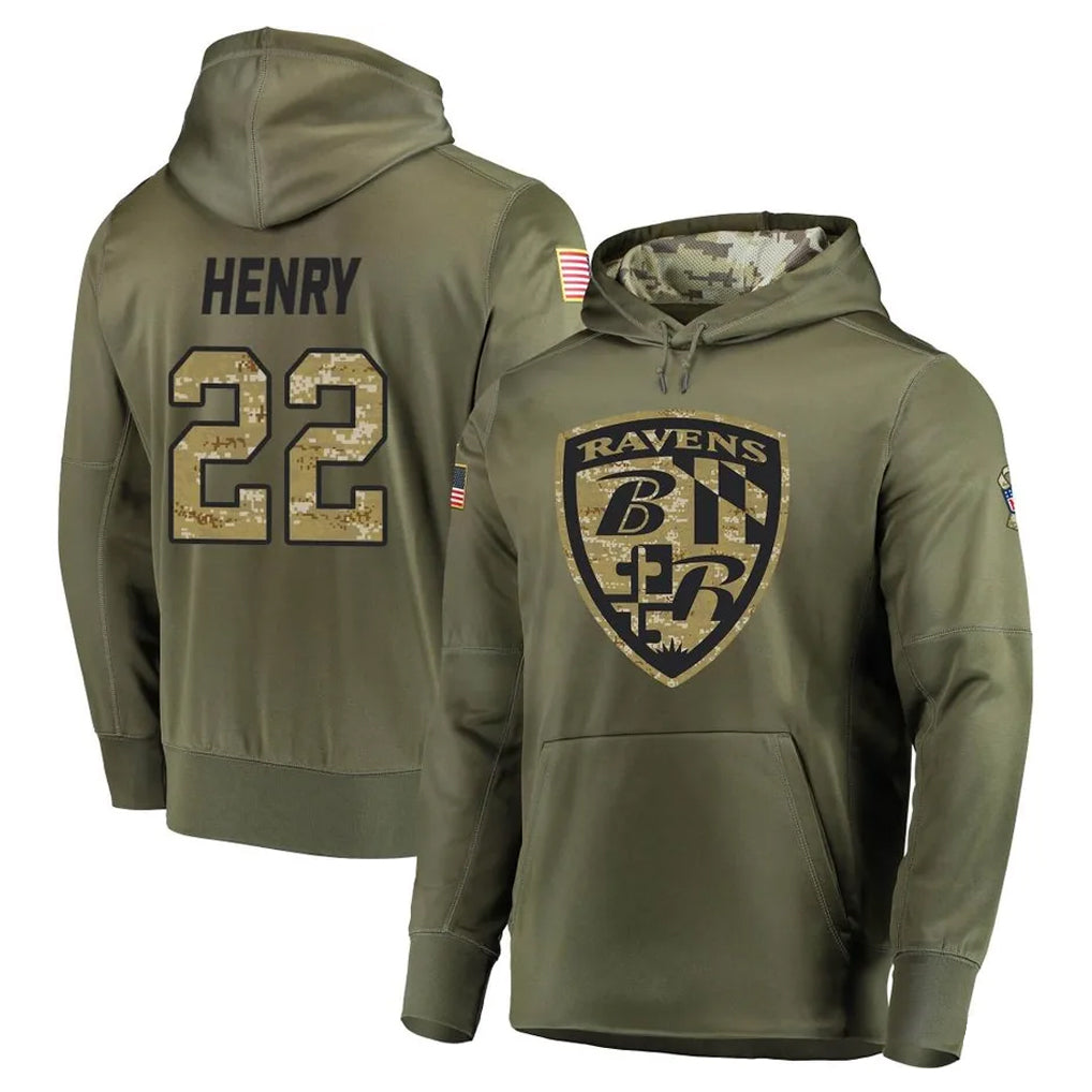 Johmsee B.Ravens #22 Derrick Henry Player Olive Salute to Service Pullover Hoodie Stitched Jerseys