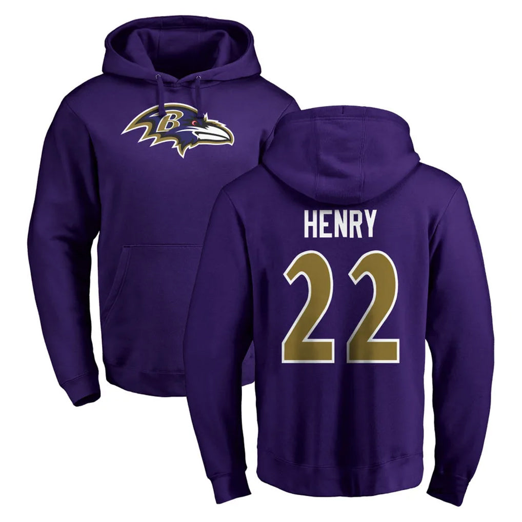Johmsee B.Ravens #22 Derrick Henry Player Purple Salute to Service Pullover Hoodie Stitched Jerseys