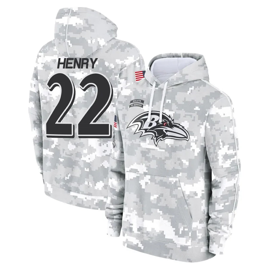 Johmsee B.Ravens #22 Derrick Henry Player Military Hoodie Arctic Camo Salute To Service Stitched Jerseys