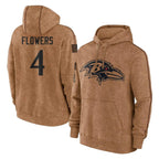 Johmsee B.Ravens #4 Zay Flowers Player Brown Salute to Service Pullover Hoodie Stitched Jerseys