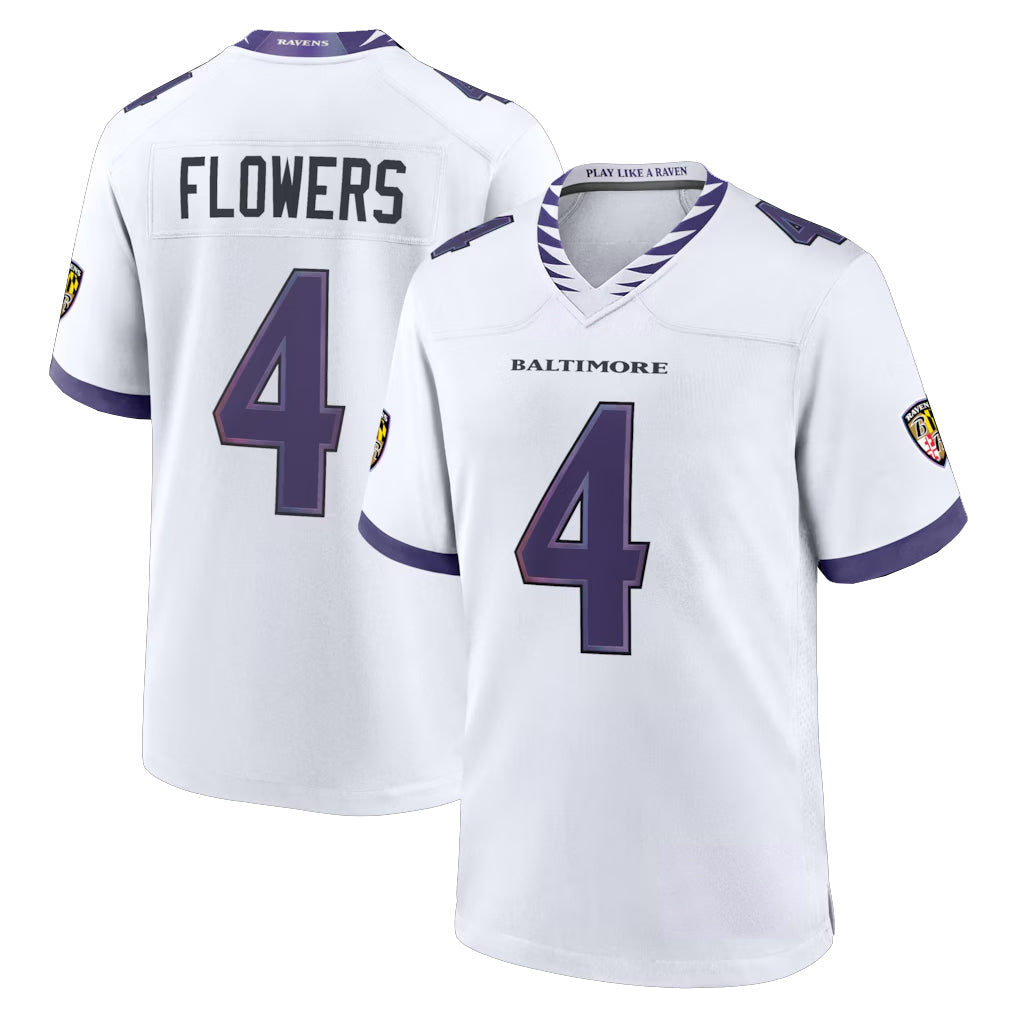 Johmsee B.Ravens #4 Zay Flowers Player White Home Game Stitched Jerseys