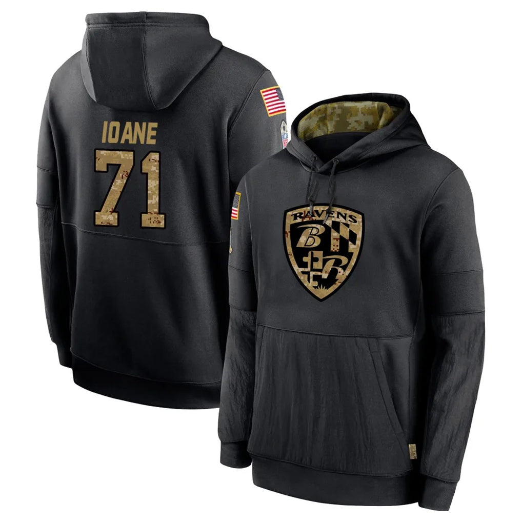 Johmsee B.Ravens #71 Olaivavega Ioane Player Black Salute to Service Pullover Hoodie Stitched Jerseys