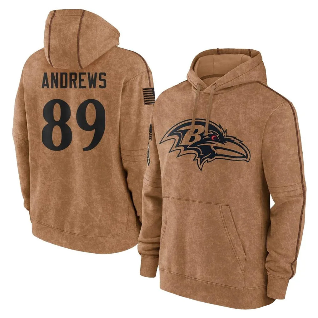 Johmsee B.Ravens #89 Mark Andrews Player Brown Salute to Service Pullover Hoodie Stitched Jerseys