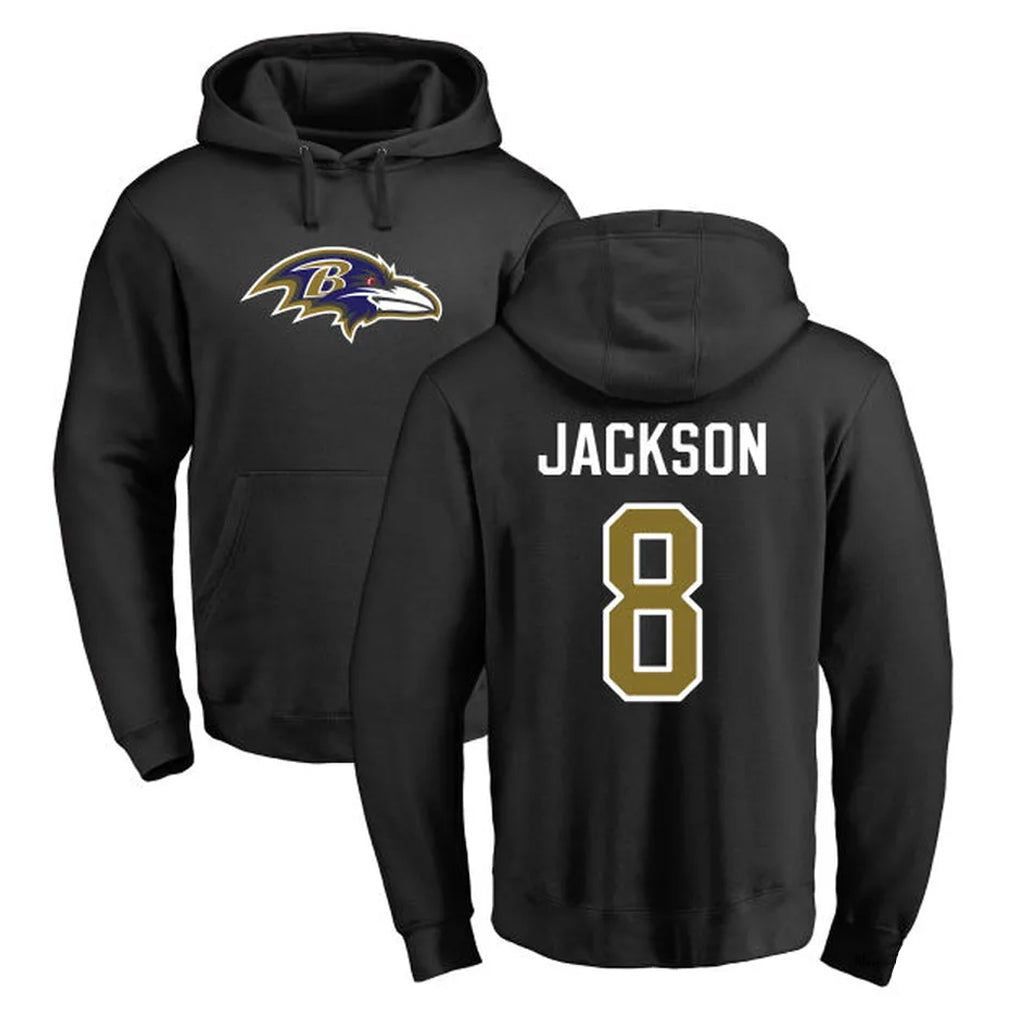 Johmsee B.Ravens #8 Lamar Jackson Player Black Pullover Hoodie Stitched Jerseys