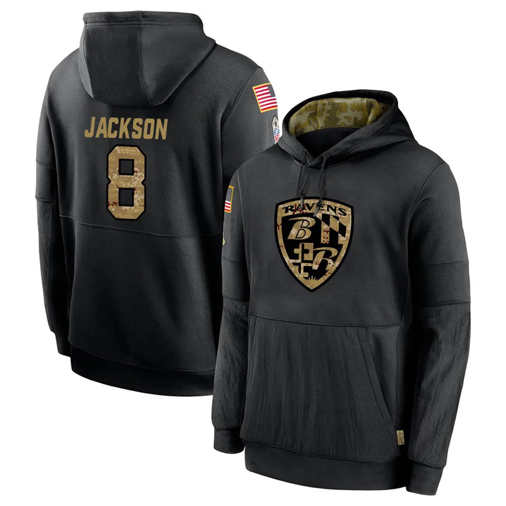 Johmsee B.Ravens #8 Lamar Jackson Player Black Salute to Service Pullover Hoodie Stitched Jerseys