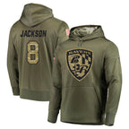 Johmsee B.Ravens #8 Lamar Jackson Player Olive Salute to Service Pullover Hoodie Stitched Jerseys