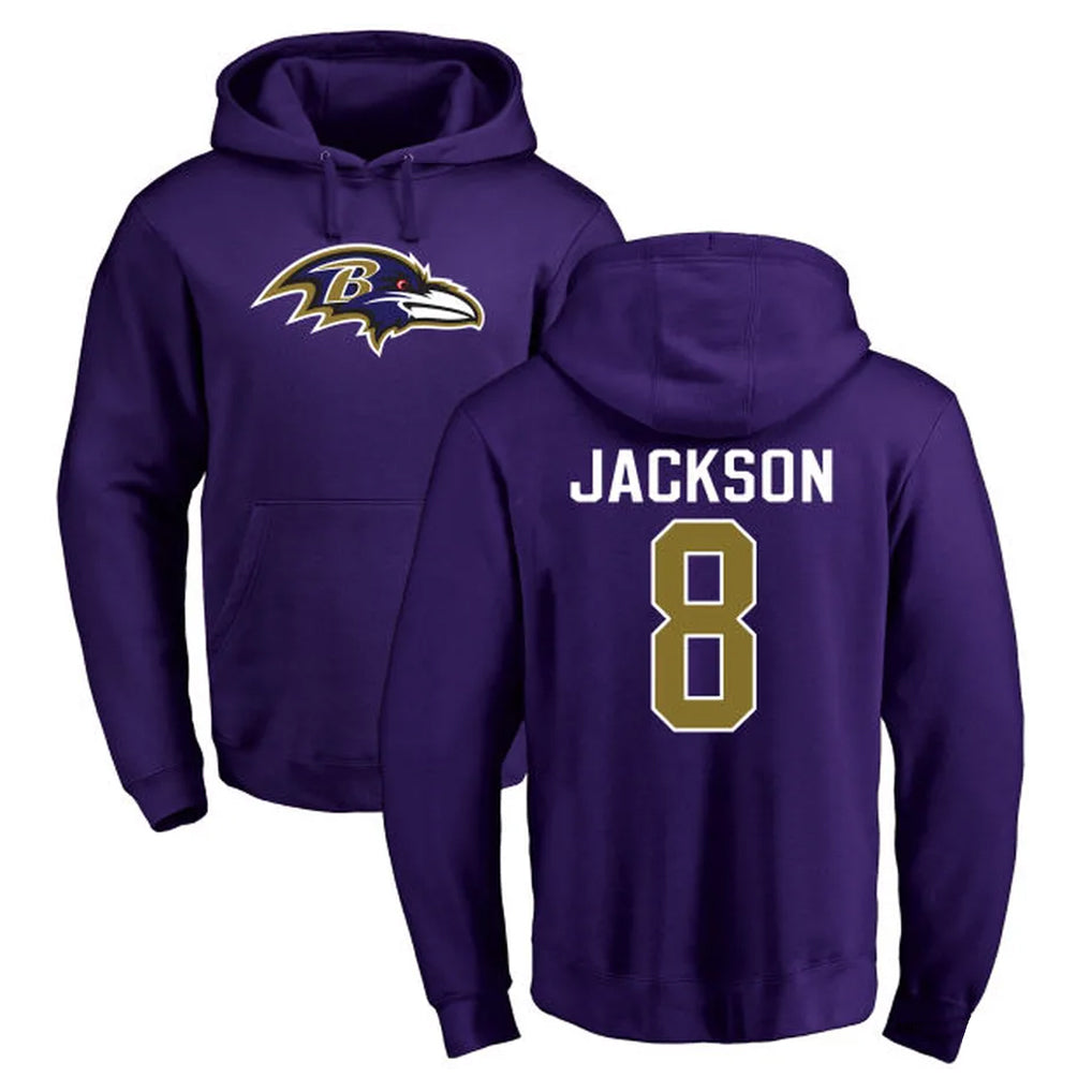 Johmsee B.Ravens #8 Lamar Jackson Player Purple Salute to Service Pullover Hoodie Stitched Jerseys