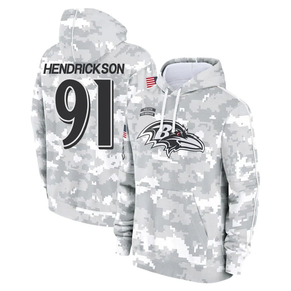 Johmsee B.Ravens #91 Trey Hendrickson Player Arctic Camo Salute To Service Hoodie Stitched Jerseys