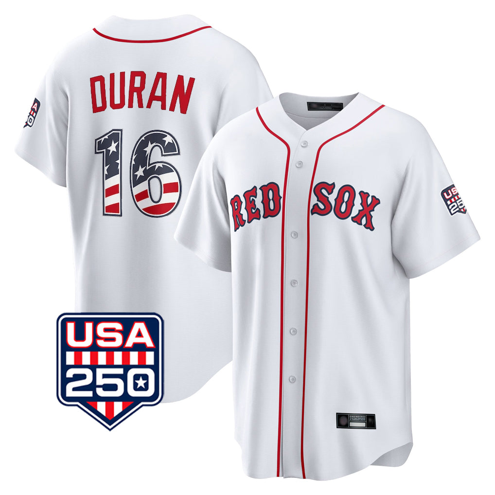 Johmsee B.Red Sox #16 Jarren Duran Player White USA 250 Fourth of July Home Game Stitched Jerseys