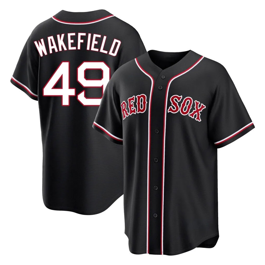 Johmsee B.Red Sox #49 Tim Wakefield Player Black Out Home Game Stitched Jerseys