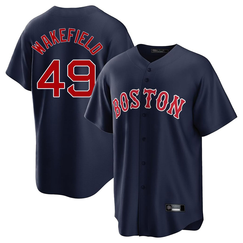 Johmsee B.Red Sox #49 Tim Wakefield Player Navy Home Game Stitched Jerseys