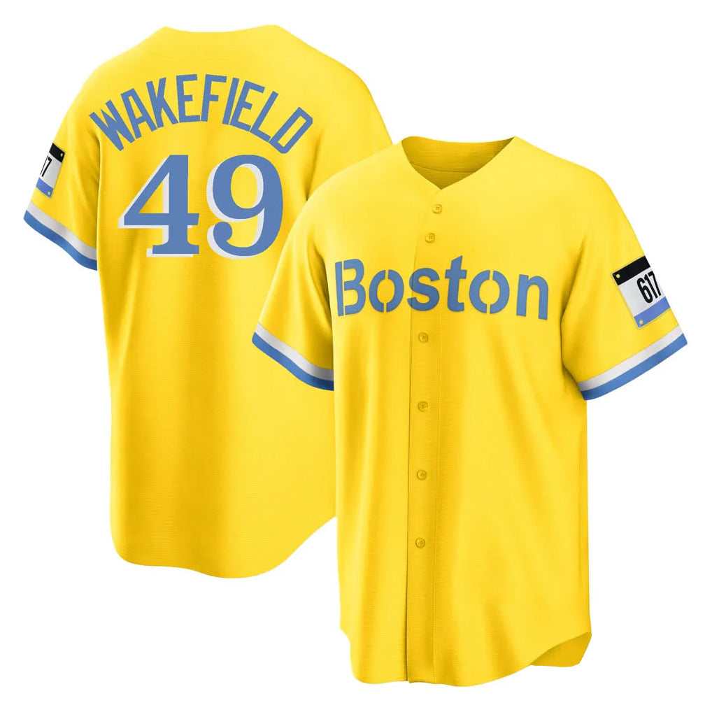 Johmsee B.Red Sox #49 Tim Wakefield Player Yellow Home Game Stitched Jerseys