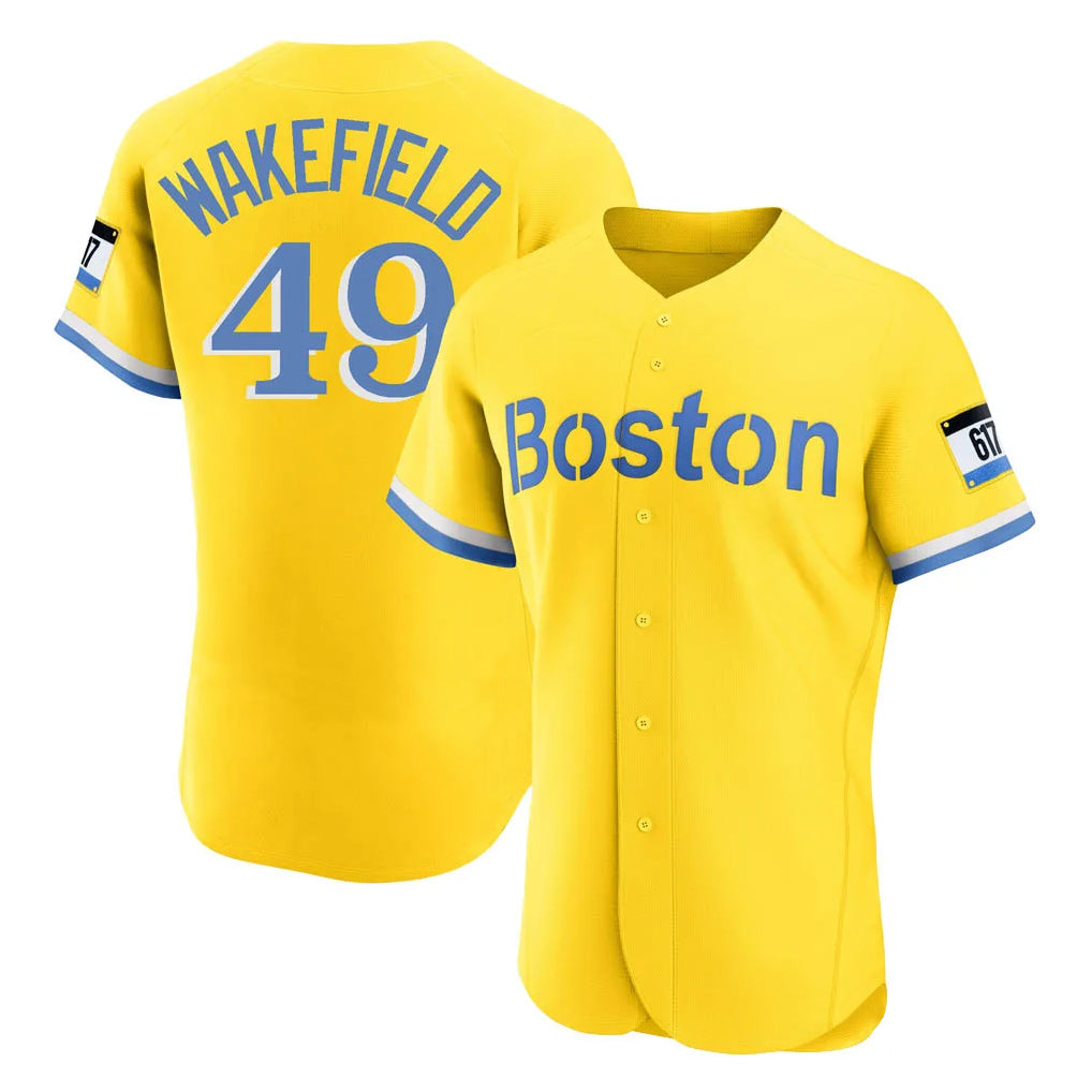 Johmsee B.Red Sox #49 Tim Wakefield Player Yellow Limited Elite Home Game Stitched Jerseys