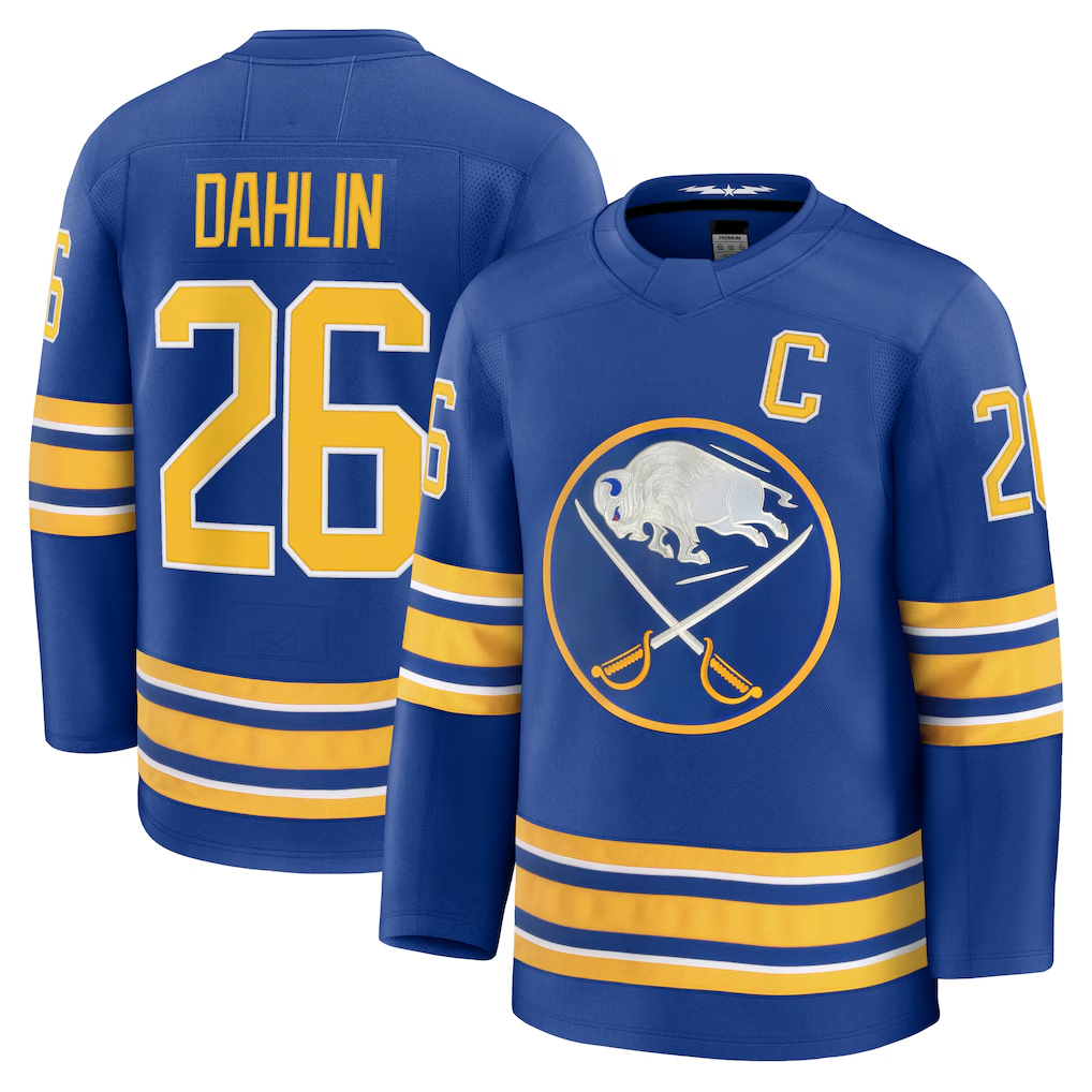 Johmsee B.Sabres #26 Rasmus Dahlin Royal Premium with Captain's Patch Stitched Jerseys