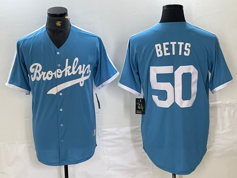 Brooklyn Dodgers #50 Mookie Betts Light Blue Cooperstown Collection Cool Base Baseball Jersey