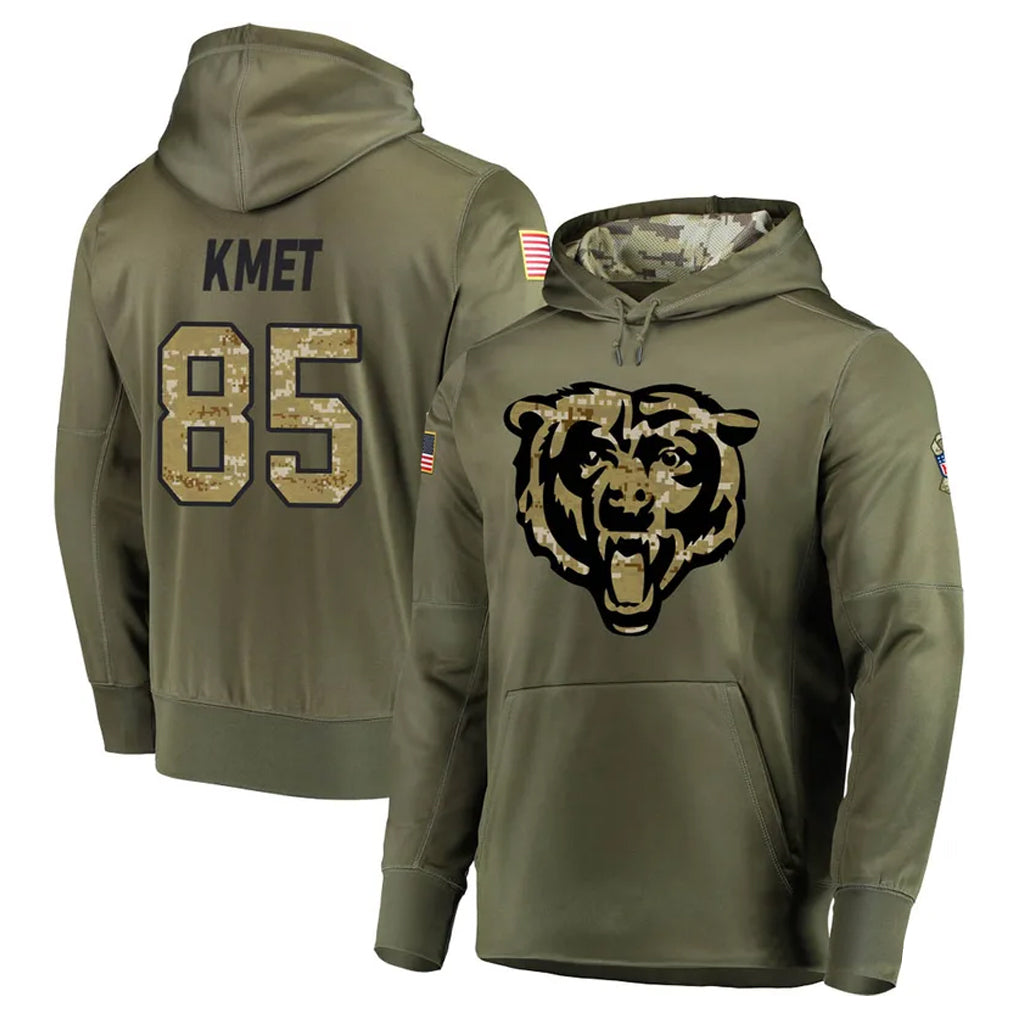 Johmsee C.Bears #85 Cole Kmet Player Olive Salute to Service Pullover Hoodies Home Game Stitched Jerseys