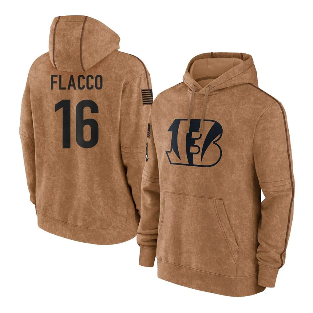 Johmsee C.Bengals #16 Joe Flacco Player Brown Salute to Service Pullover Hoodie Limited Stitched Jerseys