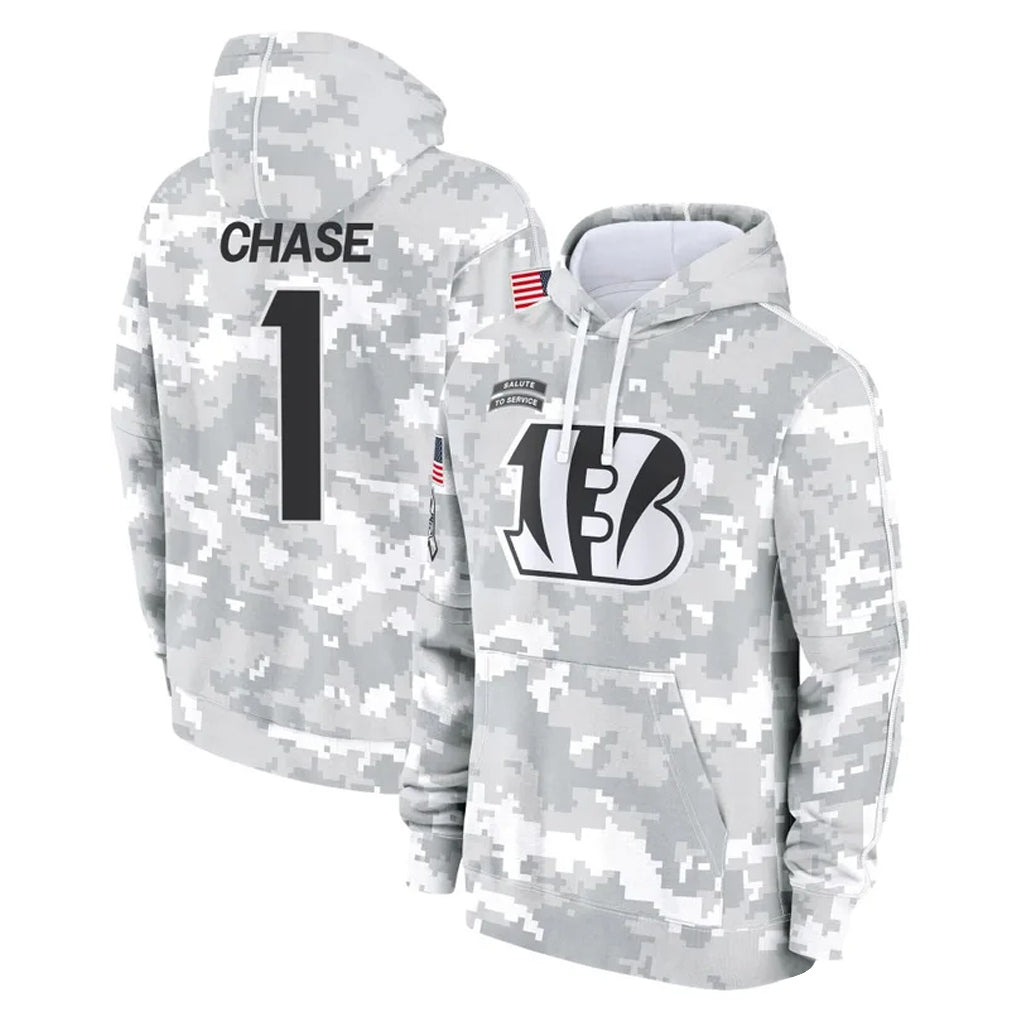 Johmsee C.Bengals #1 Ja'Marr Chase Player Arctic Camo Salute to Service Pullover Hoodie Limited Stitched Jerseys