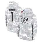 Johmsee C.Bengals #1 Ja'Marr Chase Player Arctic Camo Salute to Service Pullover Hoodie Limited Stitched Jerseys