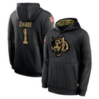 Johmsee C.Bengals #1 Ja'Marr Chase Player Black Salute to Service Pullover Hoodies Limited Stitched Jerseys