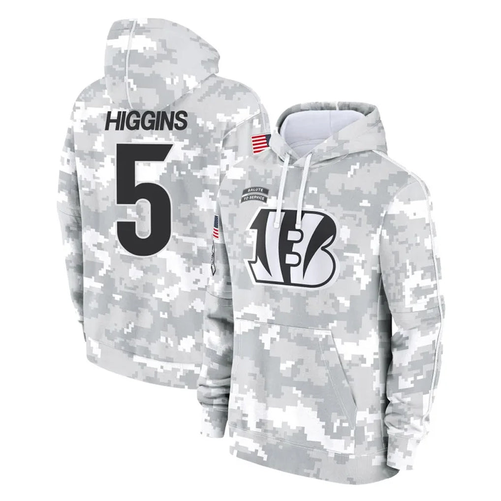 Johmsee C.Bengals #5 Tee Higgins Player Arctic Camo Salute to Service Pullover Hoodie Limited Stitched Jerseys