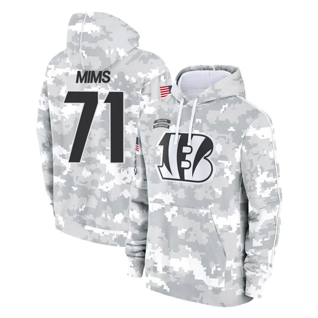 Johmsee C.Bengals #71 Amarius Mims Player Arctic Camo Salute to Service Pullover Hoodie Limited Stitched Jerseys