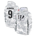 Johmsee C.Bengals #9 Joe Burrow Player Arctic Camo Salute to Service Pullover Hoodie Stitched Jerseys
