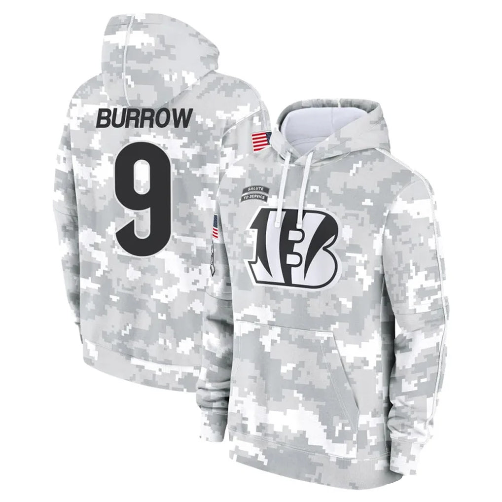 Johmsee C.Bengals #9 Joe Burrow Player Arctic Camo Salute to Service Pullover Hoodie Stitched Jerseys