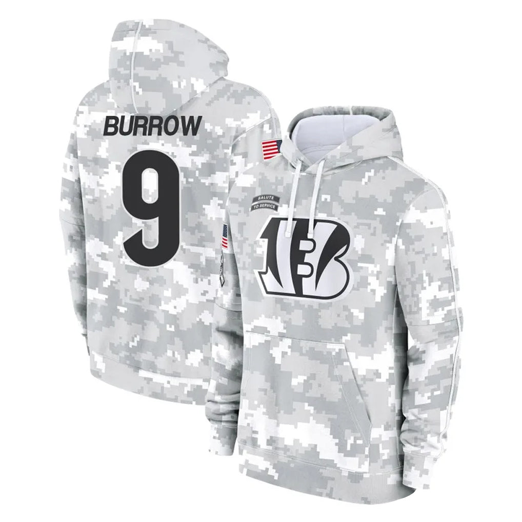 Johmsee C.Bengals #9 Joe Burrow Player Arctic Camo Salute to Service Pullover Hoodie Limited Stitched Jerseys