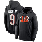 Johmsee C.Bengals #9 Joe Burrow Player Black Salute to Service Pullover Hoodies Game Stitched Jerseys