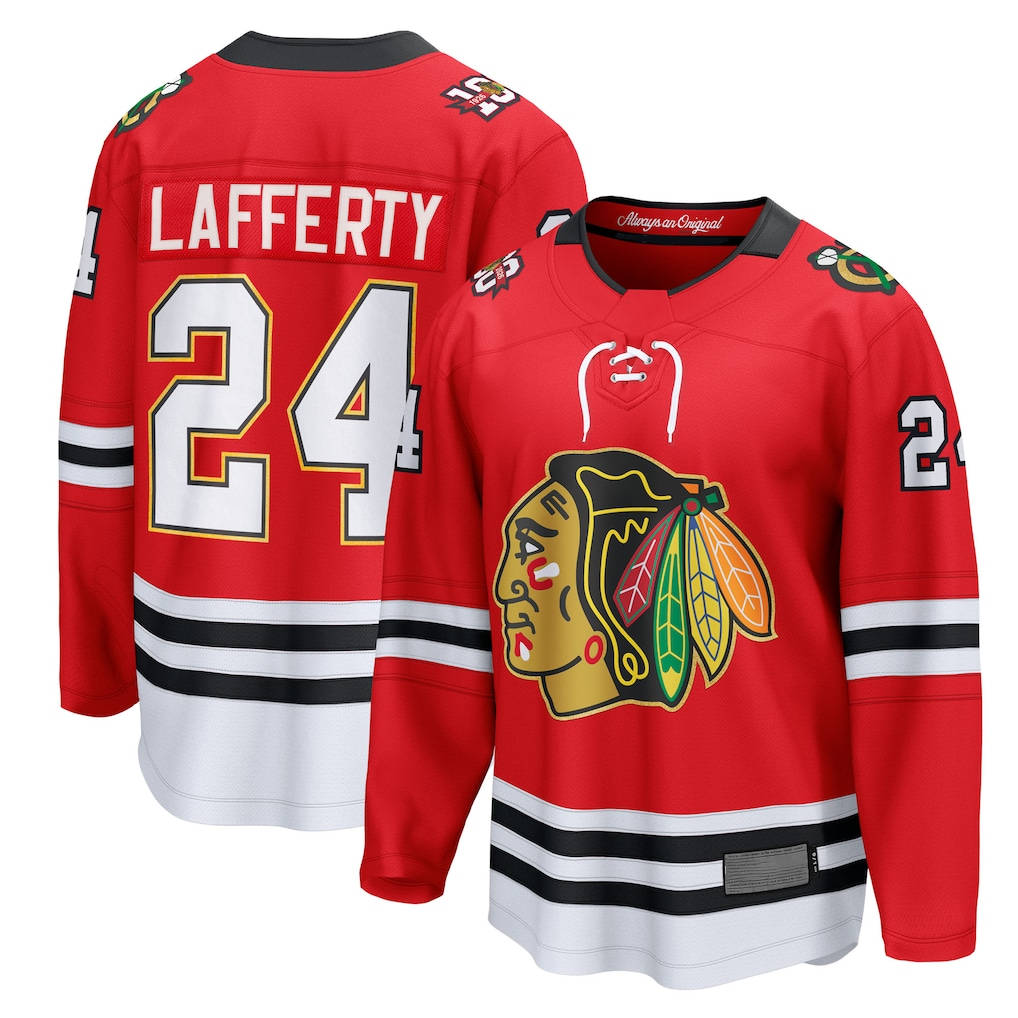 Johmsee C.Blackhawks #24 Sam Lafferty Red Centennial Breakaway Player Jerseys