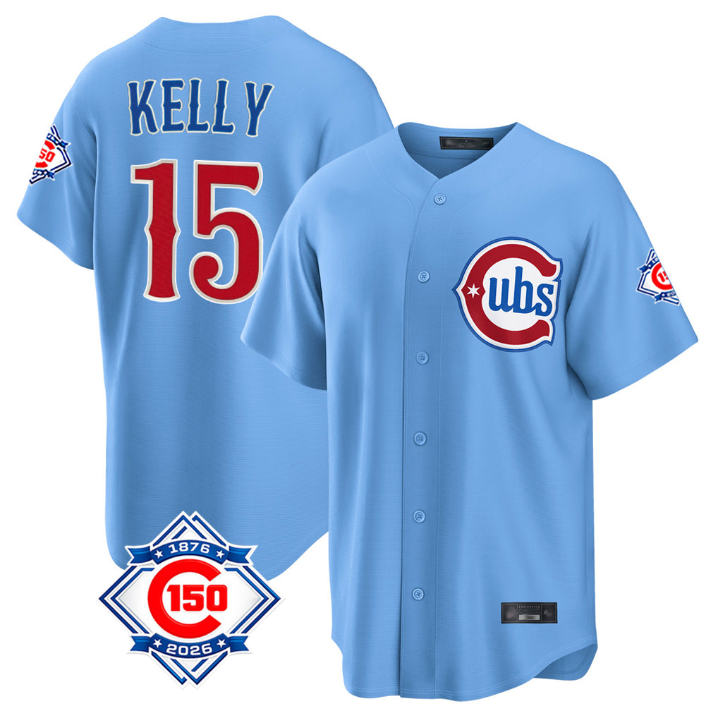 Johmsee C.Cubs #15 Carson Kelly Player Light Blue 150th Anniversary Home Game Stitched Jerseys