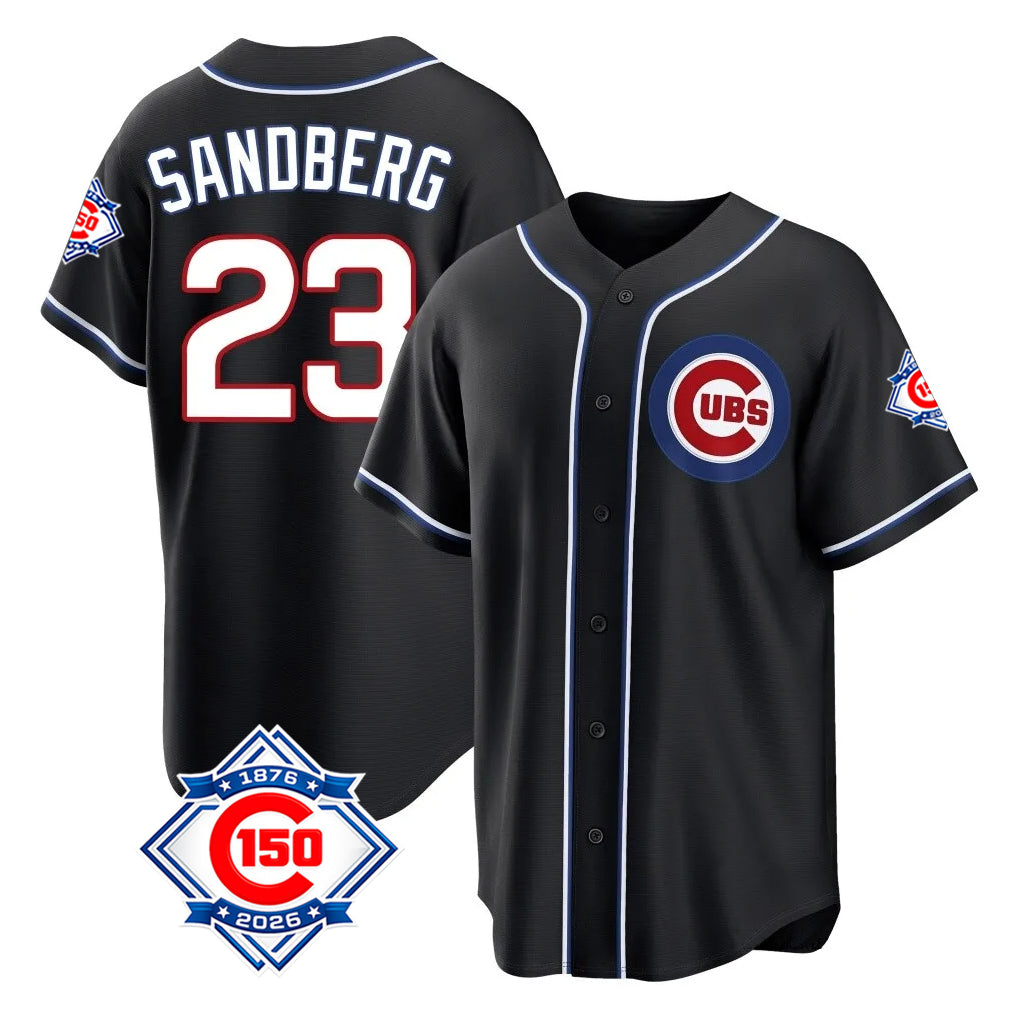 Johmsee C.Cubs #23 Ryne Sandberg Player Black Fashion Out 150th Anniversary Game Stitched Jerseys