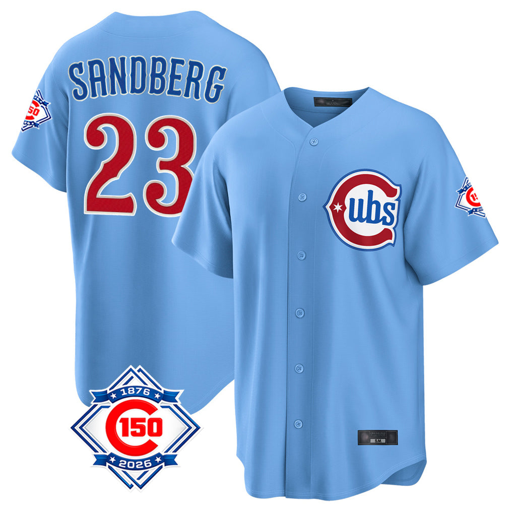 Johmsee C.Cubs #23 Ryne Sandberg Player Light Blue 150th Anniversary Home Game Stitched Jerseys