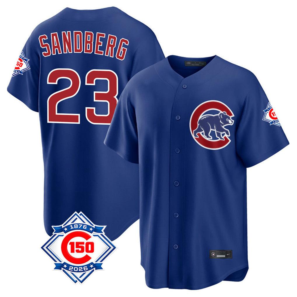 Johmsee C.Cubs #23 Ryne Sandberg Player Royal 150th Anniversary Home Game Stitched Jerseys