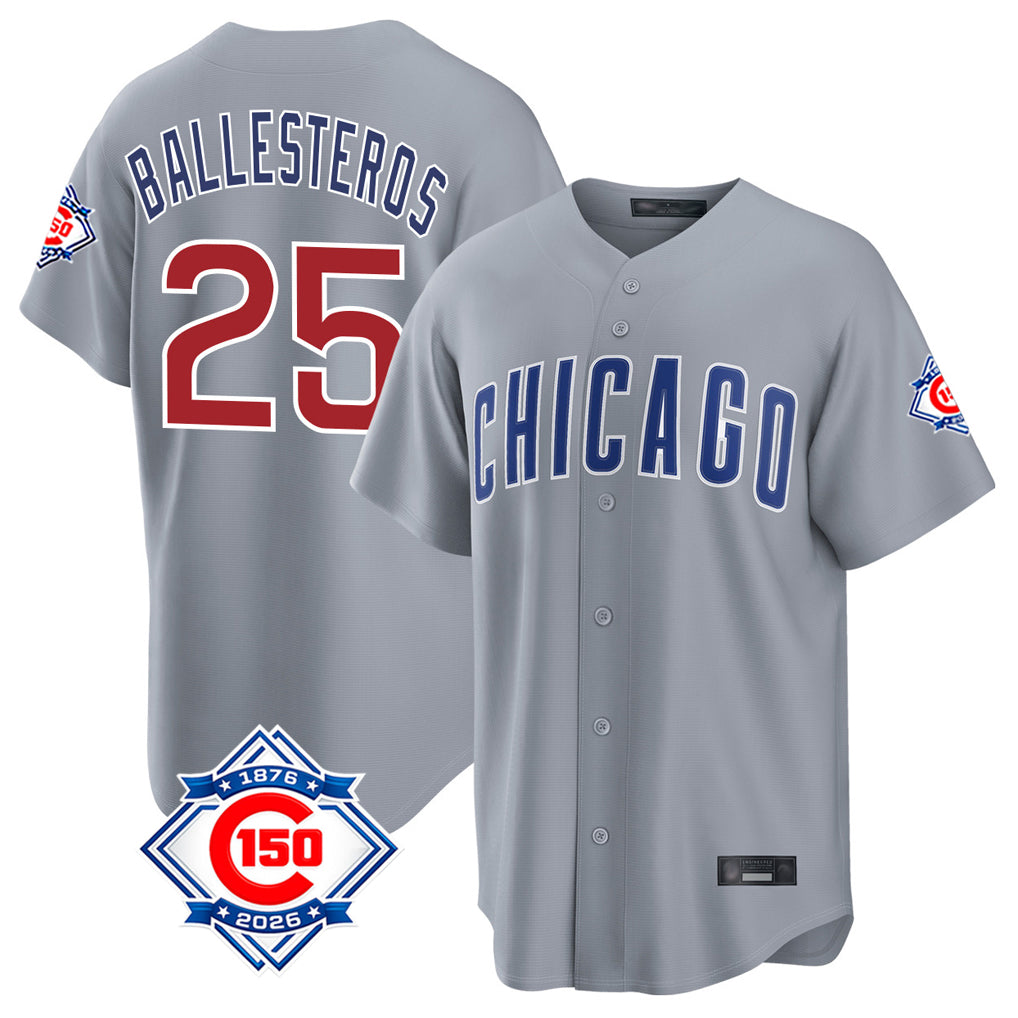 Johmsee C.Cubs #25 Mois¨¦s Ballesteros Player Gray 150th Anniversary Home Game Stitched Jerseys