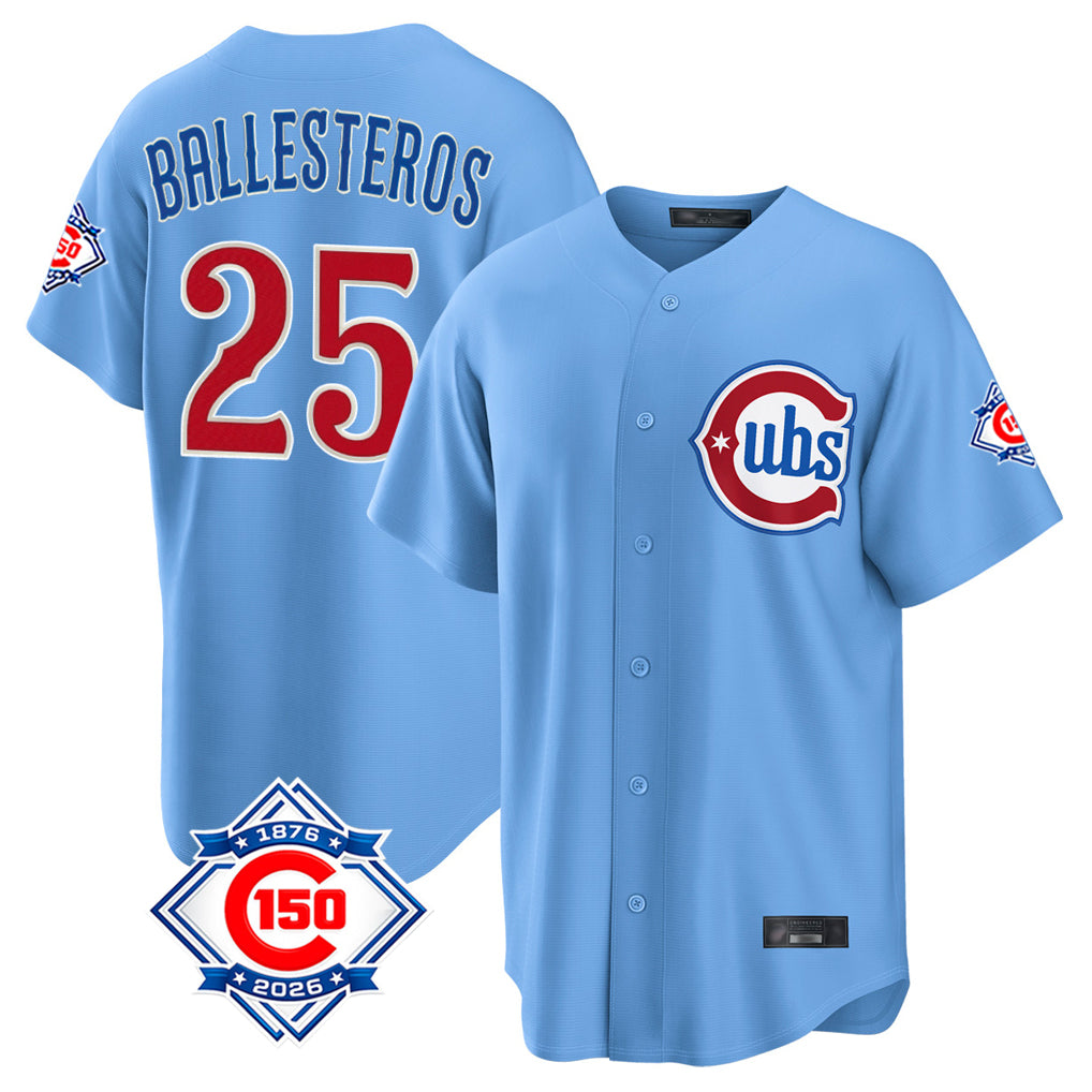 Johmsee C.Cubs #25 Mois¨¦s Ballesteros Player Light Blue 150th Anniversary Home Game Stitched Jerseys