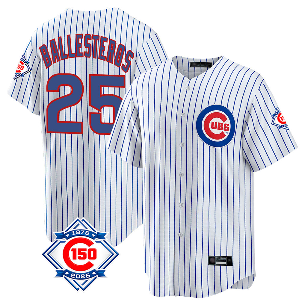 Johmsee C.Cubs #25 Mois¨¦s Ballesteros Player White 150th Anniversary Home Game Stitched Jerseys