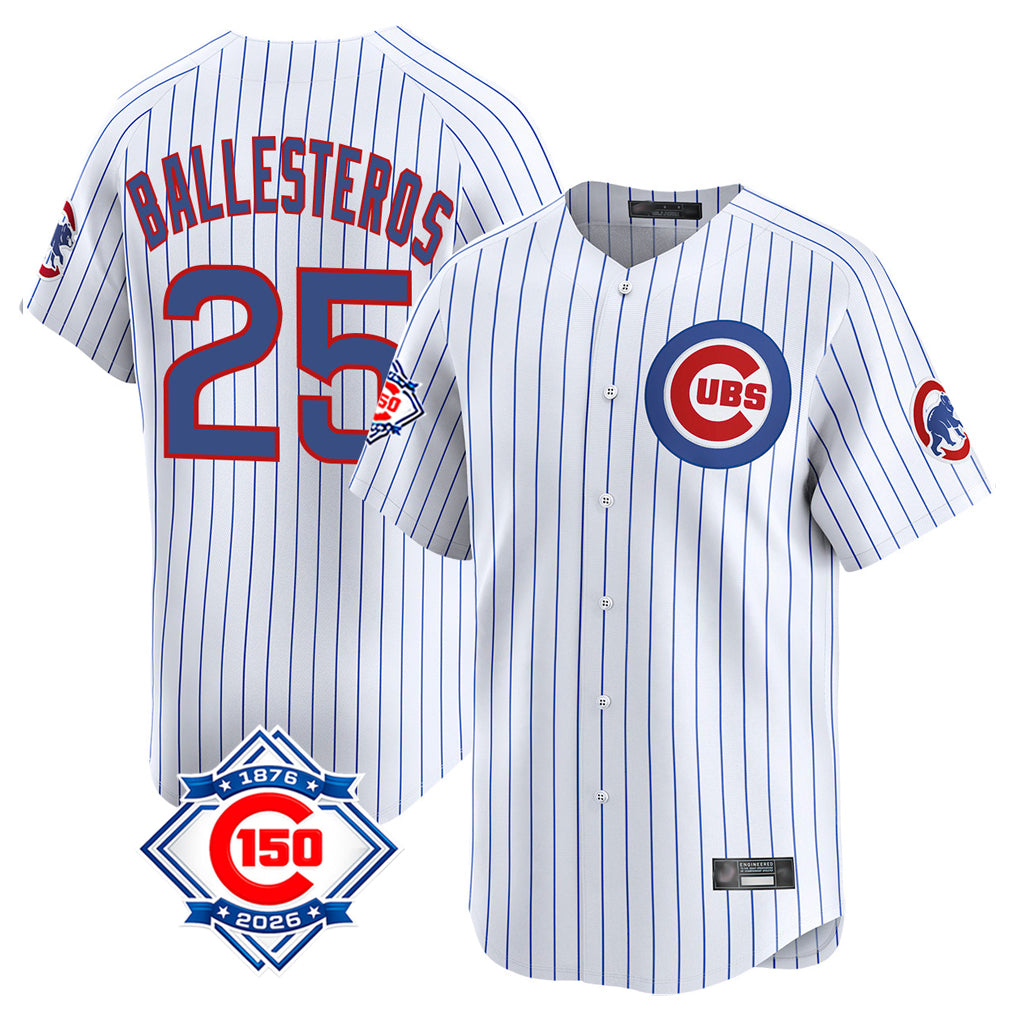 Johmsee C.Cubs #25 Mois¨¦s Ballesteros Player White 150th Anniversary Limited Home Game Stitched Jerseys