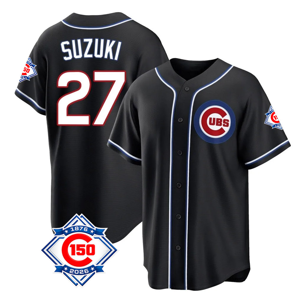 Johmsee C.Cubs #27 Seiya Suzuki Player Black Fashion Out 150th Anniversary Game Stitched Jerseys